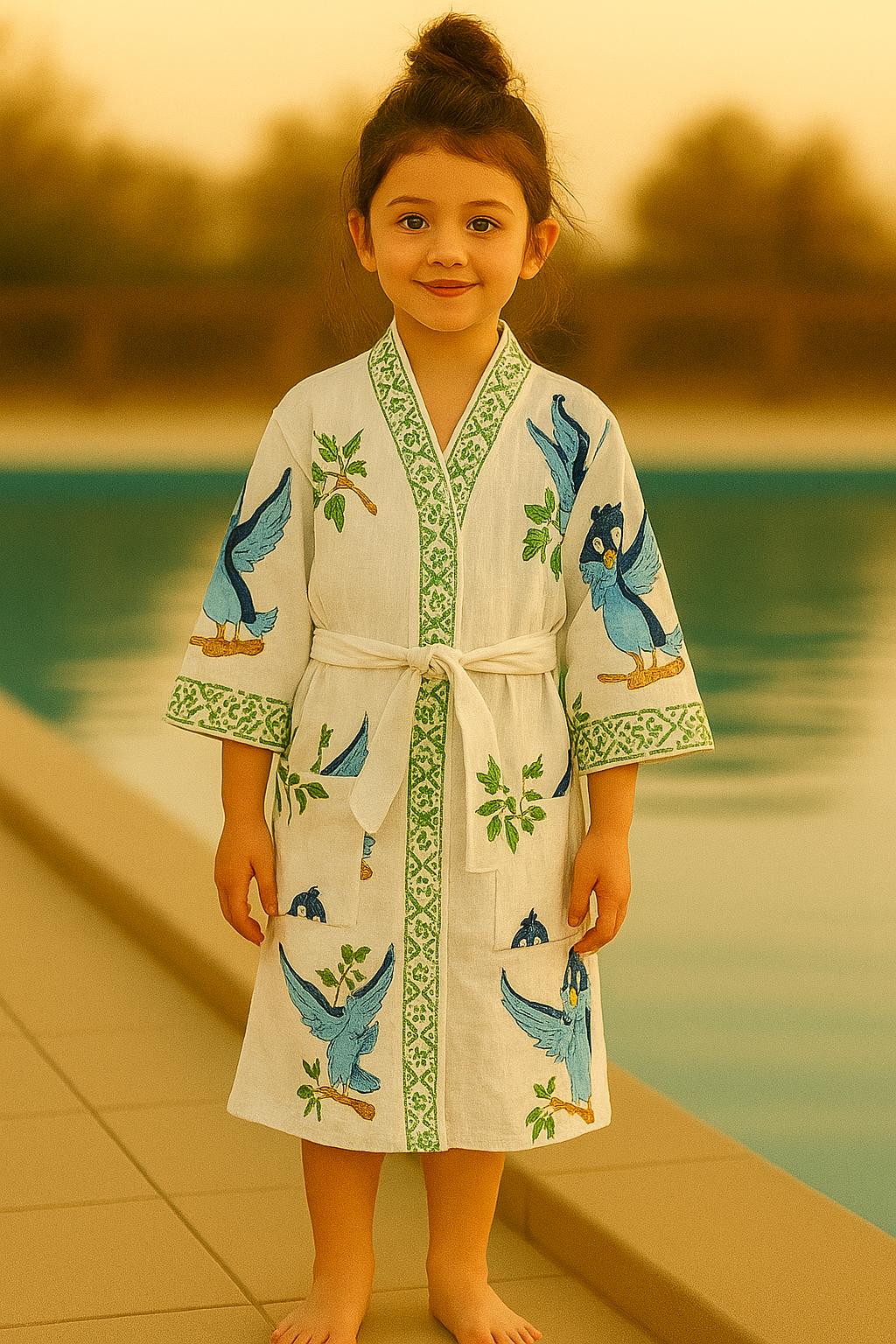 Handblock printed waffle cotton bathrobe for kids - 4-13 years old