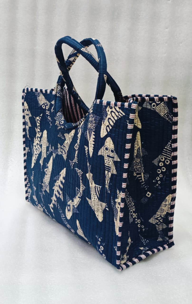 Handblock Printed Cotton Tote Bag with Unique Moon-Shaped Handle- 14x14x6 inches