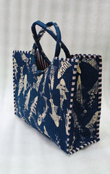 Handblock Printed Cotton Tote Bag with Unique Moon-Shaped Handle- 14x14x6 inches