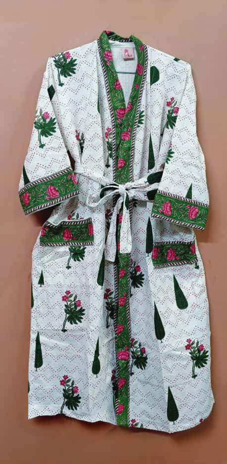 Waffle Cotton Handblock Printed Unisex Bathrobe - Free Size