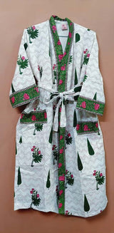 Waffle Cotton Handblock Printed Unisex Bathrobe - Free Size