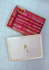 Diwali Gift Box with Banarasi Zari Table Runner, Set Of 6 Mats, 6 coaster & 2 laddoo candles