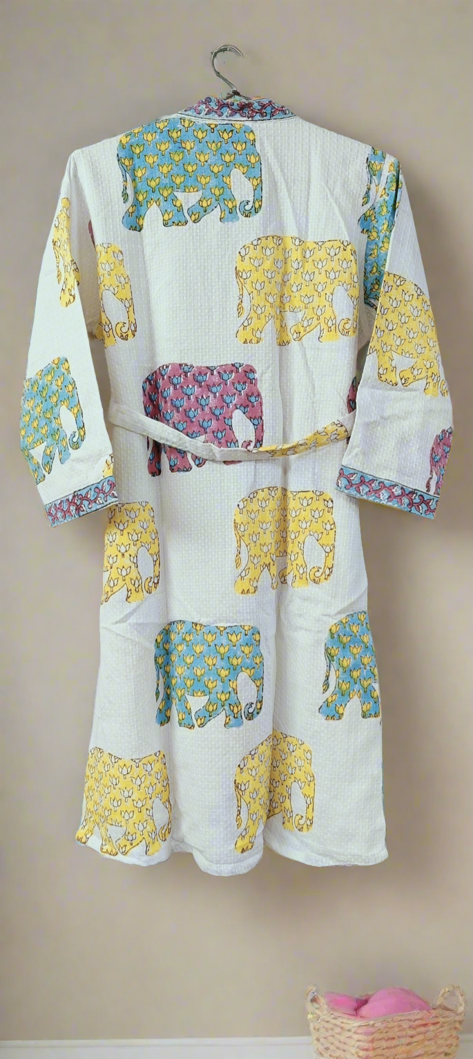 Handblock printed waffle cotton bathrobe for kids - 4-13 years old