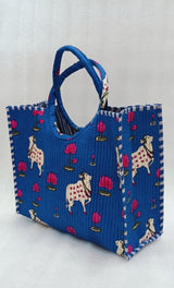 Handblock Printed Cotton Tote Bag with Unique Moon-Shaped Handle- 14x14x6 inches