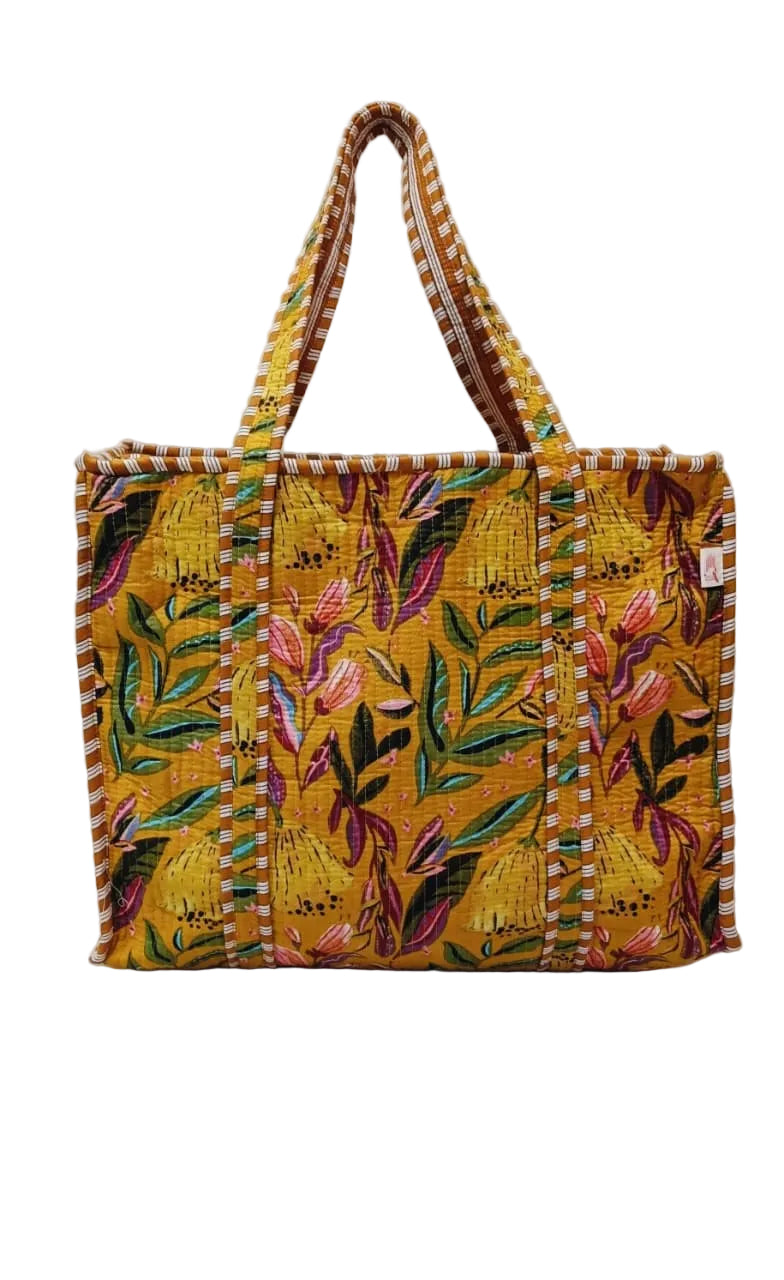 Handblock Printed Quilted Tote Bag with concealed zip ( 17x18x 6 inches)