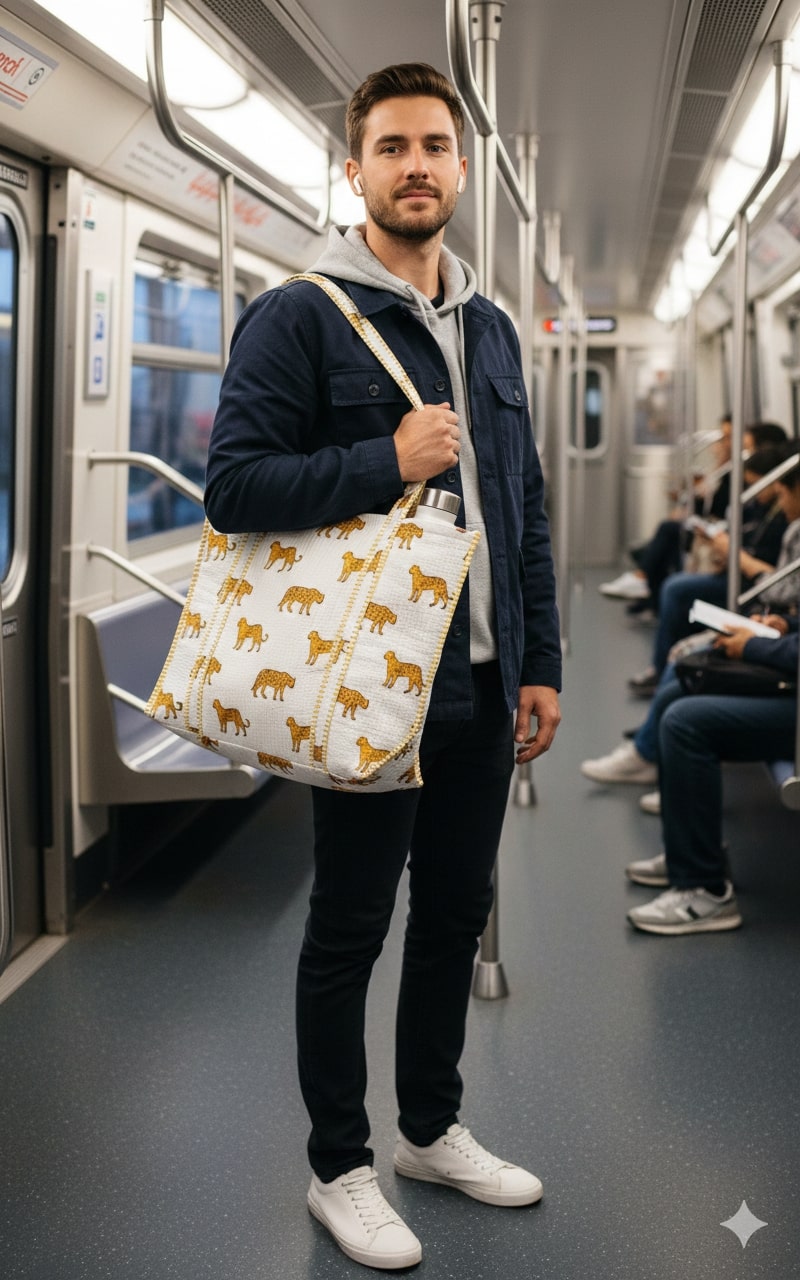 Handblock Printed Quilted Tote Bag without zip/button 17x18x 6 inches