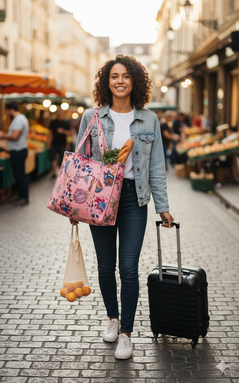 Handblock Printed Quilted Tote Bag without zip/button 17x18x 6 inches