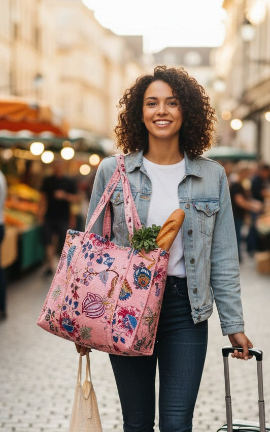 Handblock Printed Quilted Tote Bag without zip/button 17x18x 6 inches