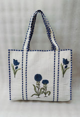 Classic White Block Printed Quilted Tote Bag without zip/button 17x18x 6 inches