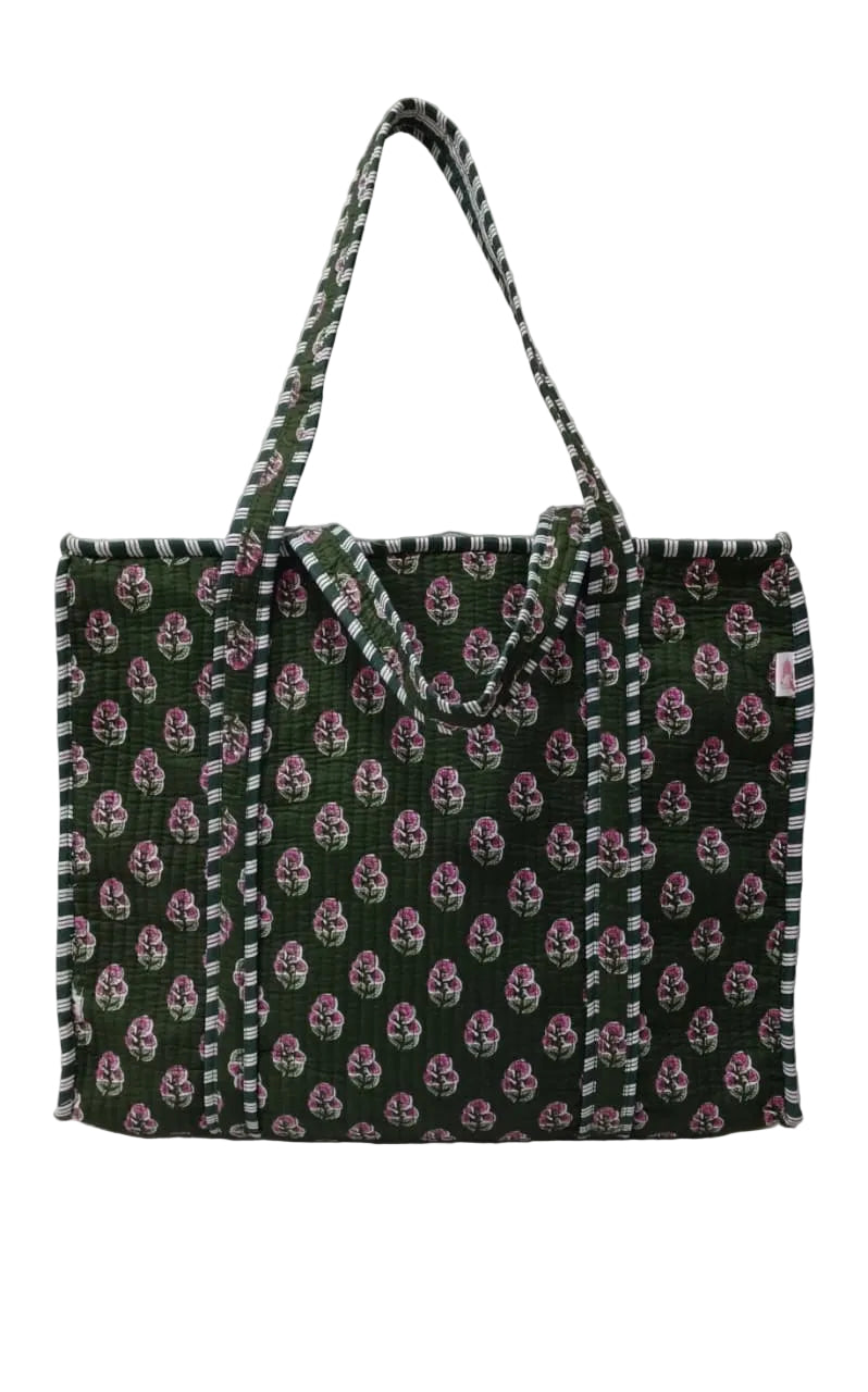 Handblock Printed Quilted Tote Bag with concealed zip ( 17x18x 6 inches)