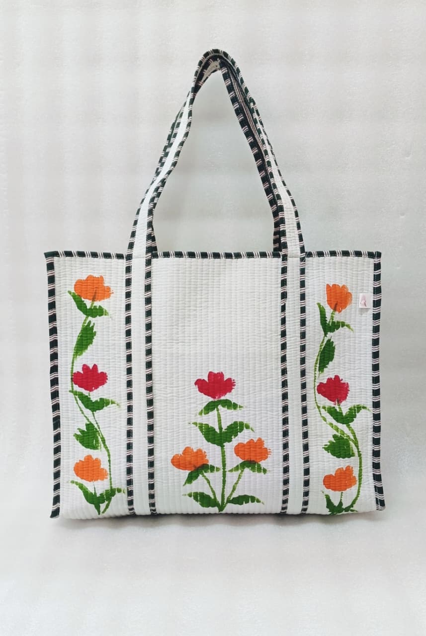 Hand-Painted Floral Tote Bag – Double-Sided Artisan Cotton Tote | Spacious Everyday Carry Bag (No Zip)- 17x18x6 inches