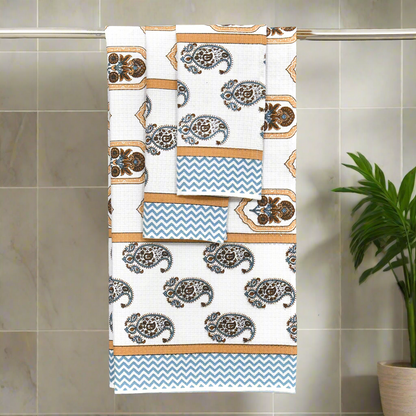 Gift Set - Handblock Printed Towels - 1 Bath + 2 Hand Towels