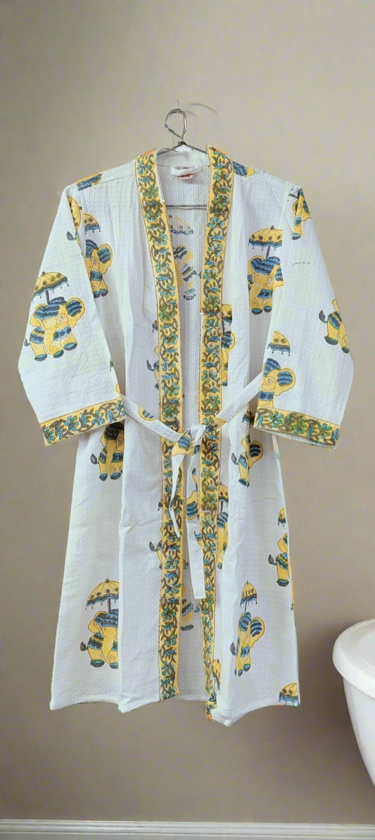 Handblock printed waffle cotton bathrobe for kids - 4-13 years old