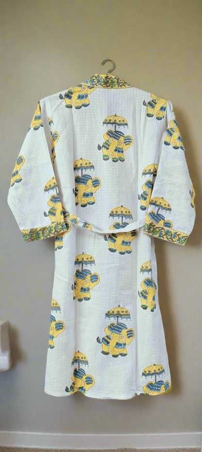 Handblock printed waffle cotton bathrobe for kids - 4-13 years old