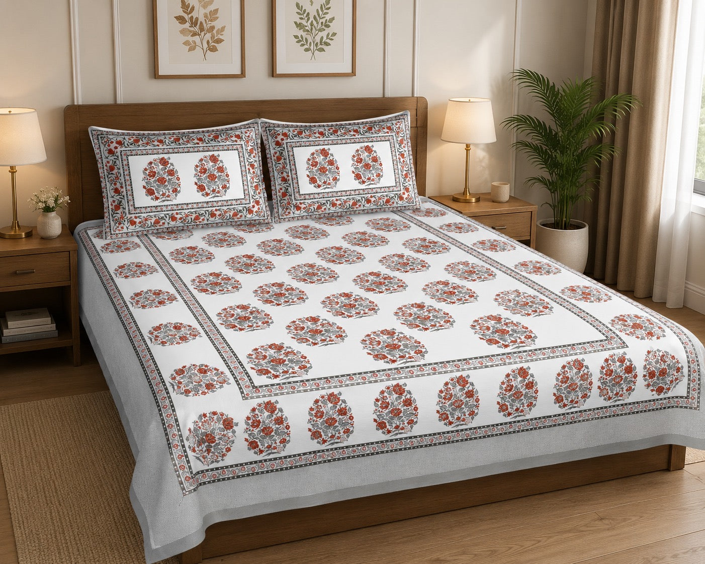Gift Box with Handblock Print Super King Bedsheet in Extra Soft Percale Cotton with 2 Pillow covers