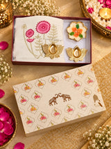 Diwali Home Décor Gift Box with 2 Cushion Covers, 1Handmade Floral Soy Wax Candle & 2 Metal Diyas