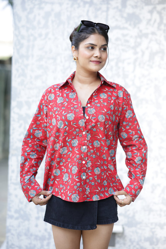 Flowers on Red 100% Cotton Full Sleeves Women's Shirt