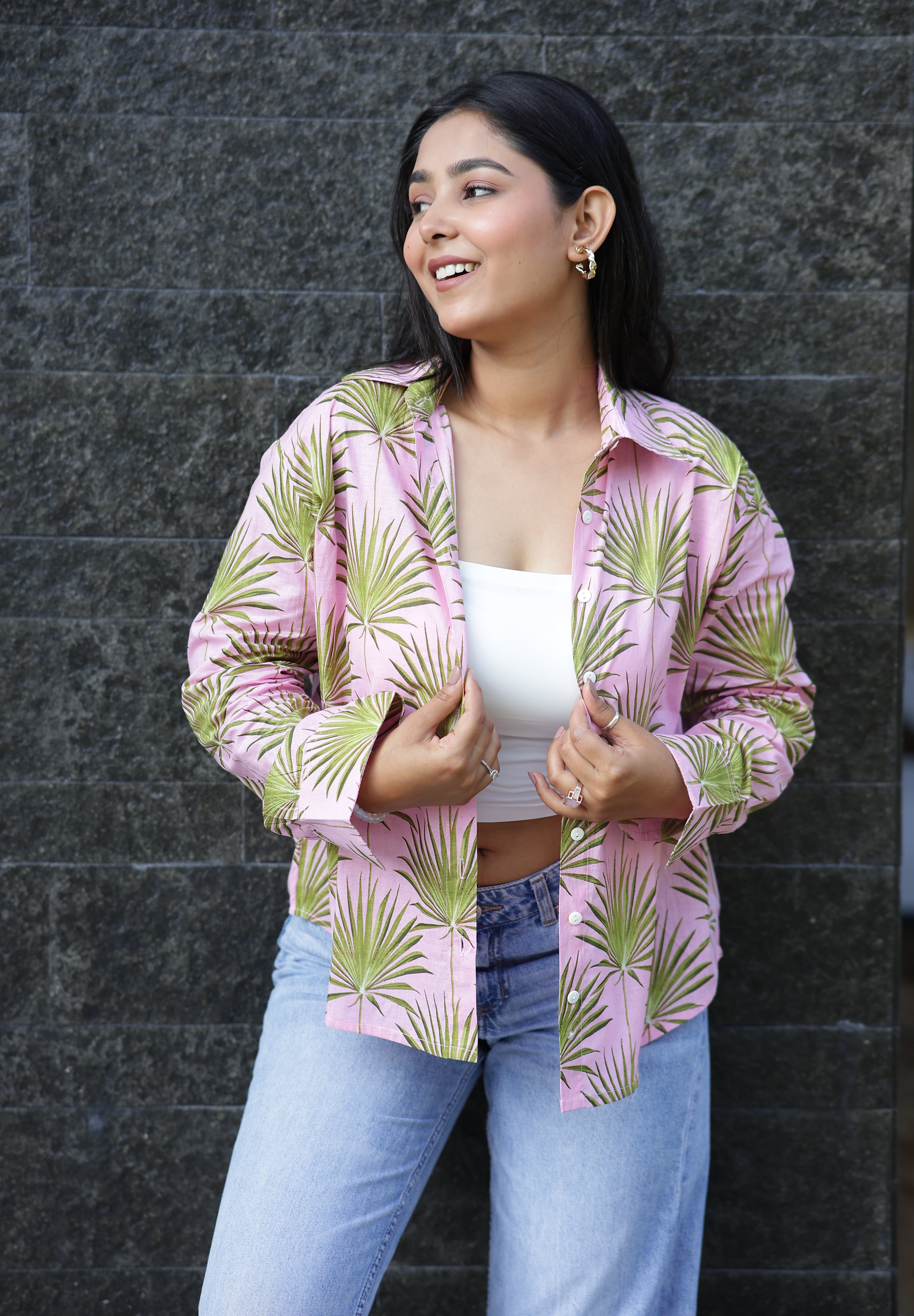 Palm Leaf on Pink 100% Cotton Full Sleeves Women's Shirt
