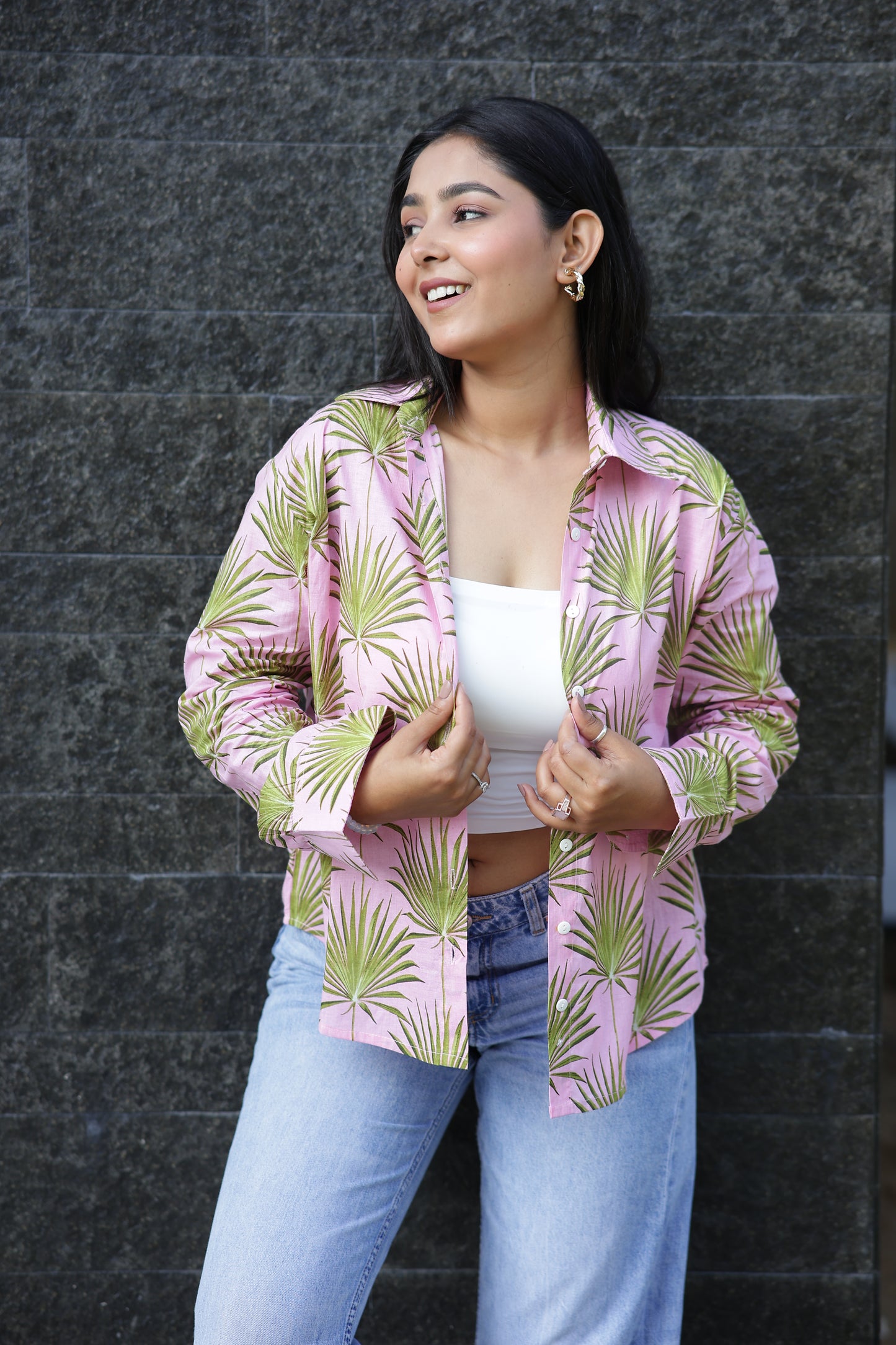 Palm Leaf on Pink 100% Cotton Full Sleeves Women's Shirt