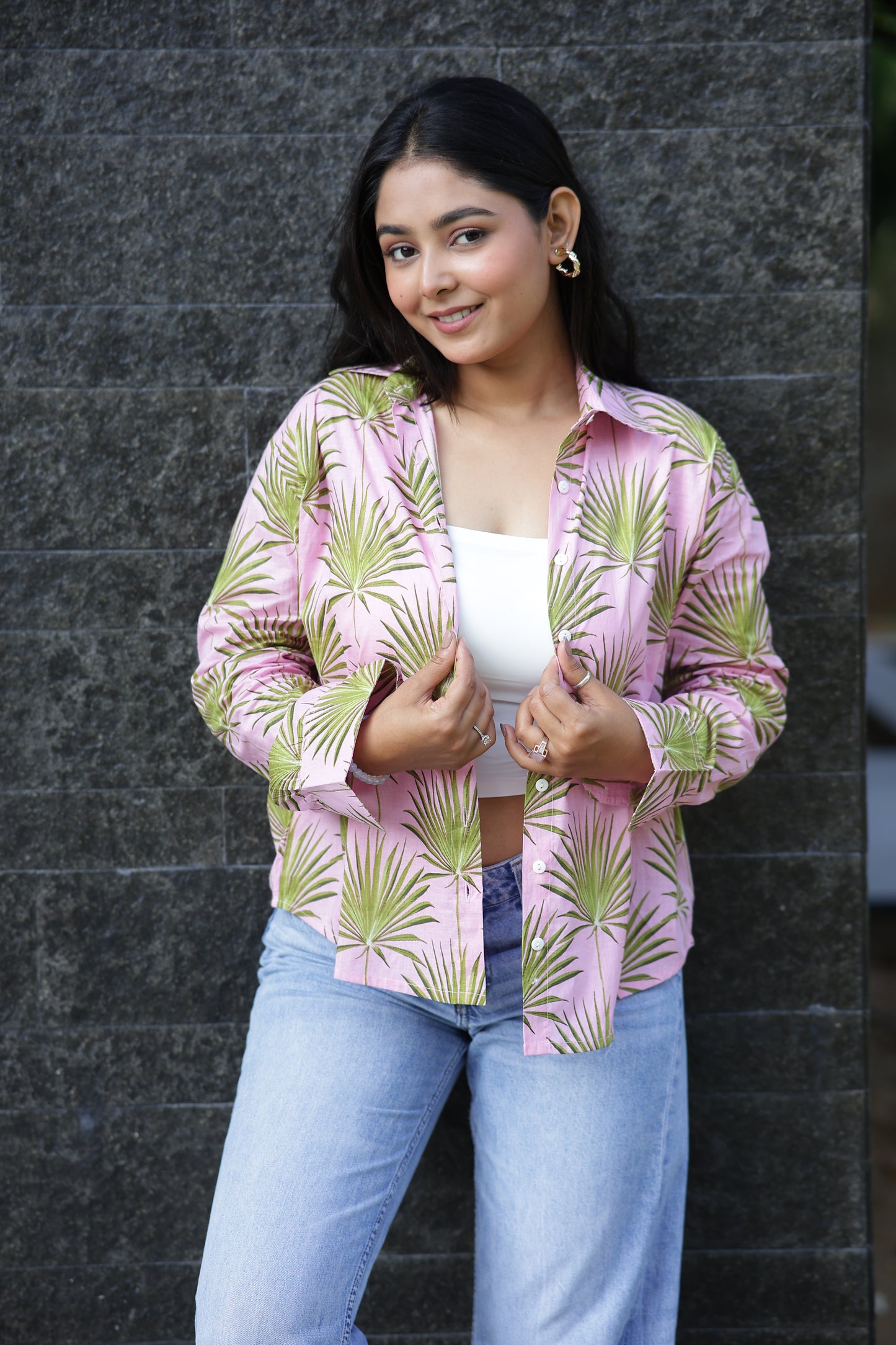 Palm Leaf on Pink 100% Cotton Full Sleeves Women's Shirt