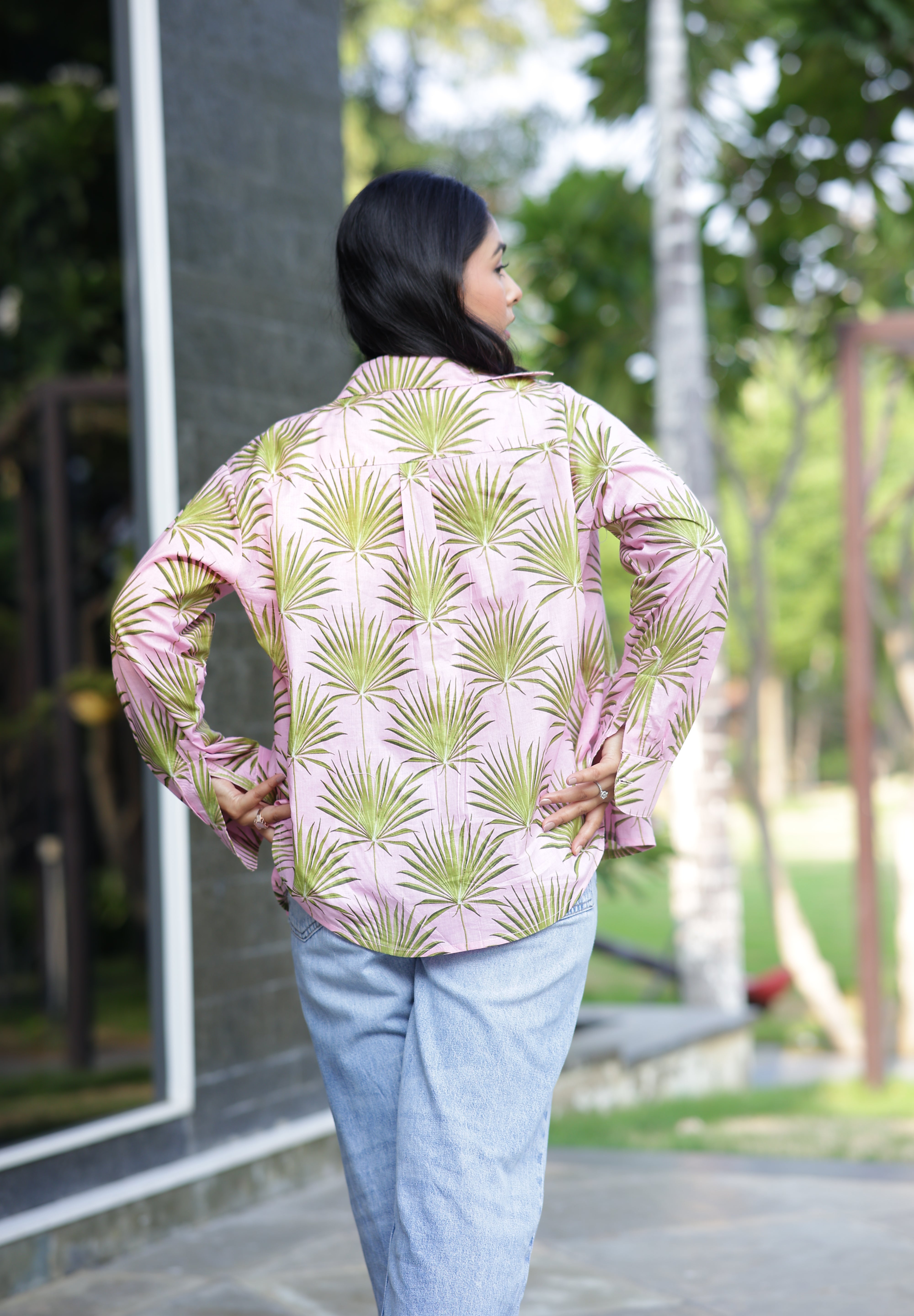 Palm Leaf on Pink 100% Cotton Full Sleeves Women's Shirt