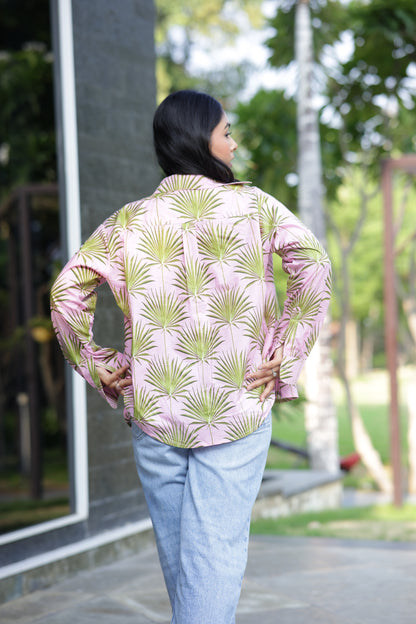 Palm Leaf on Pink 100% Cotton Full Sleeves Women's Shirt