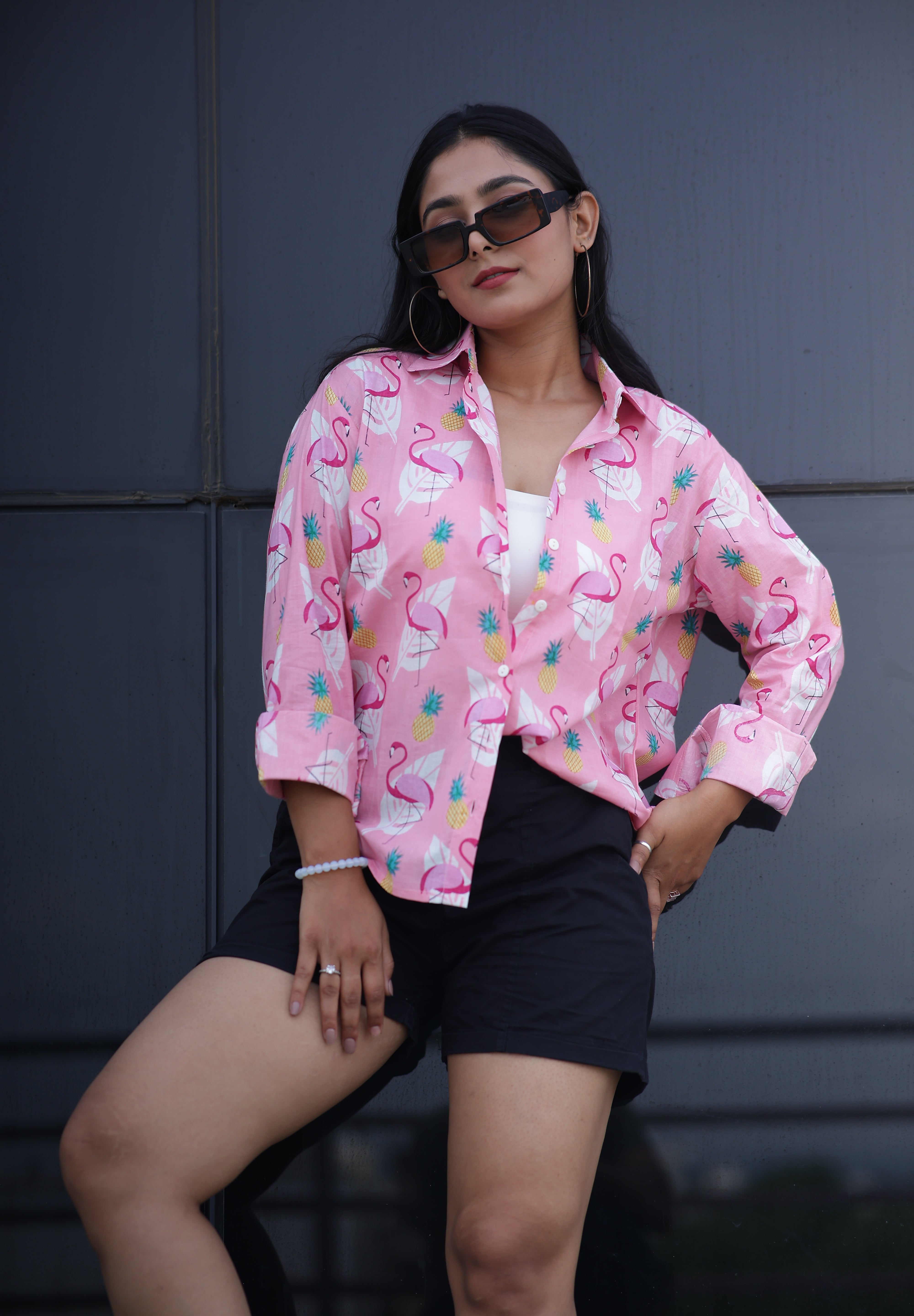 Flamingos on Pink 100% Cotton Full Sleeves Women's Shirt