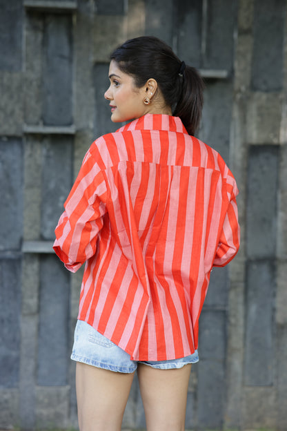 Orange Stripes 100% Cotton Full Sleeves Women's Shirt