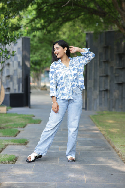 Blue Vertical Floral Print 100% Cotton Full Sleeves Women's Shirt