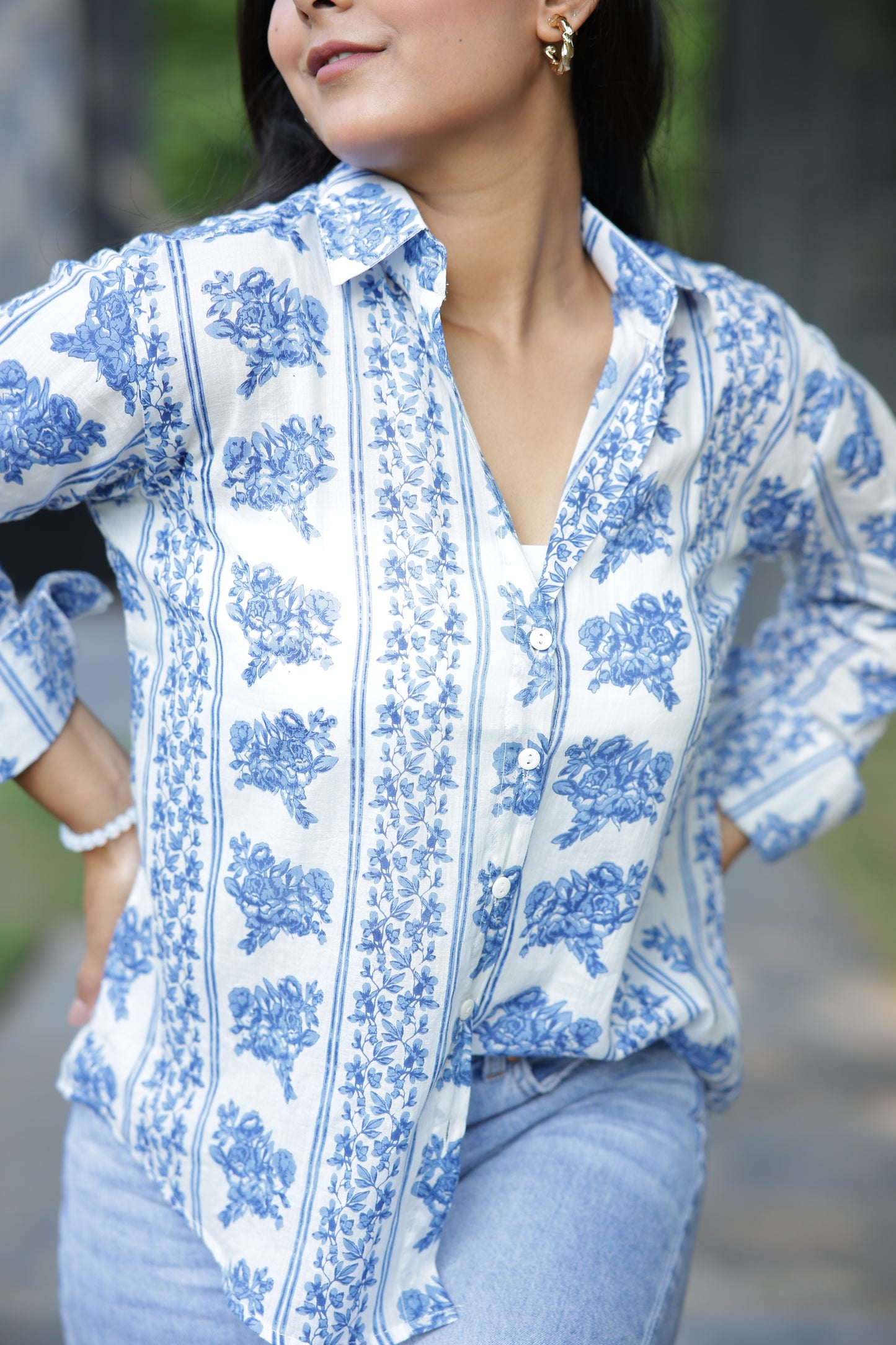 Blue Vertical Floral Print 100% Cotton Full Sleeves Women's Shirt