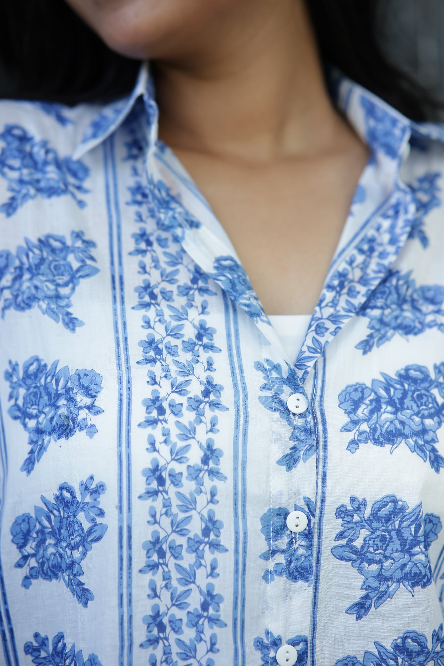 Blue Vertical Floral Print 100% Cotton Full Sleeves Women's Shirt