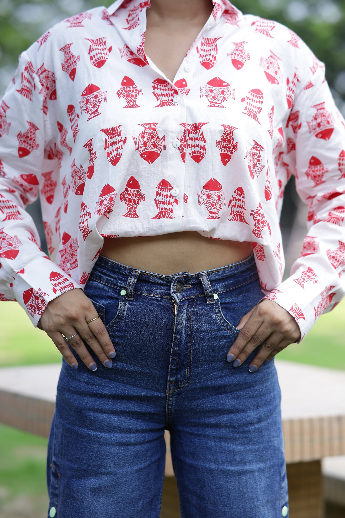 Red Fish Print 100% Cotton Full Sleeves Women's Shirt