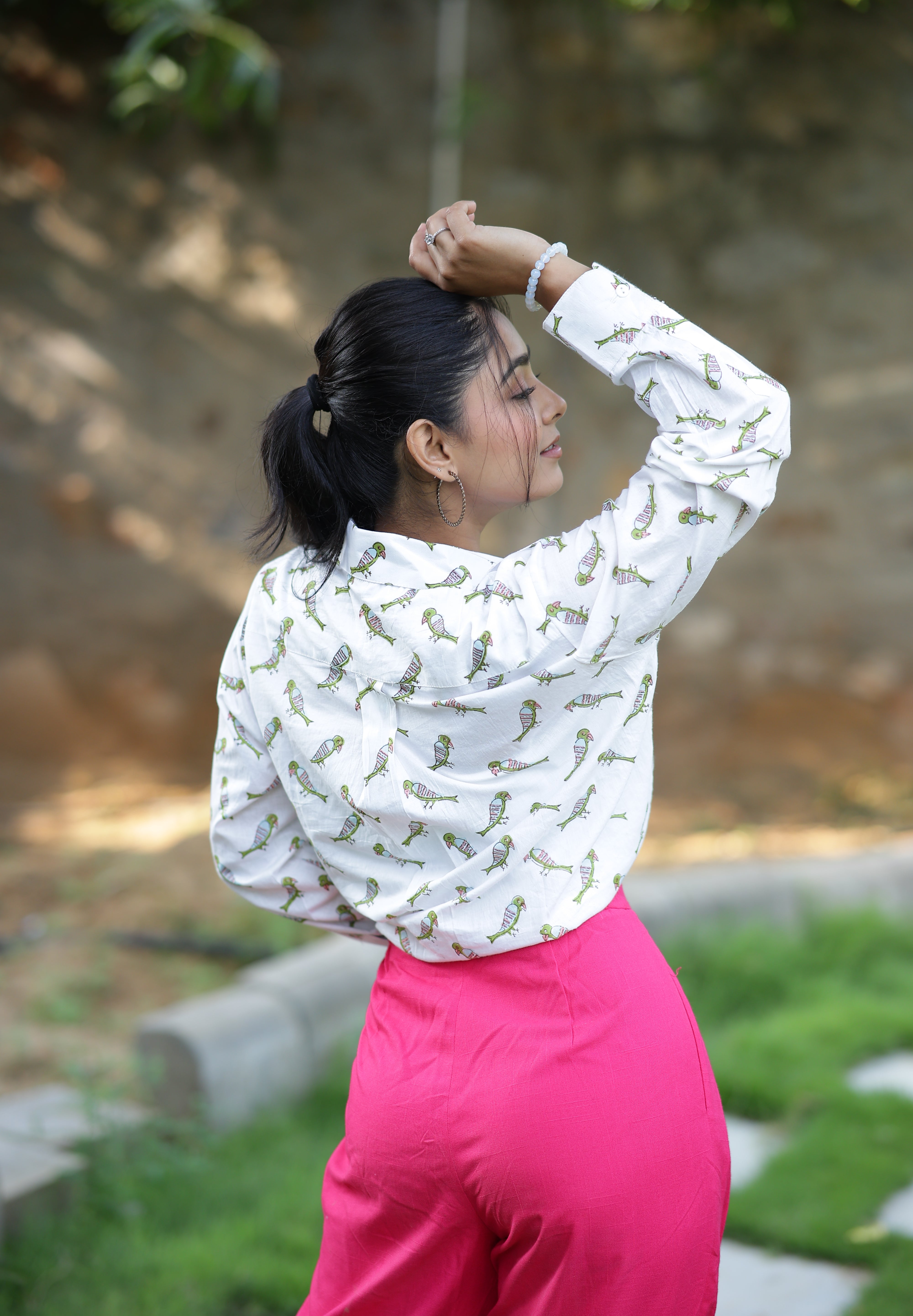 Green Parrot Print 100% Cotton Full Sleeves Women's Shirt