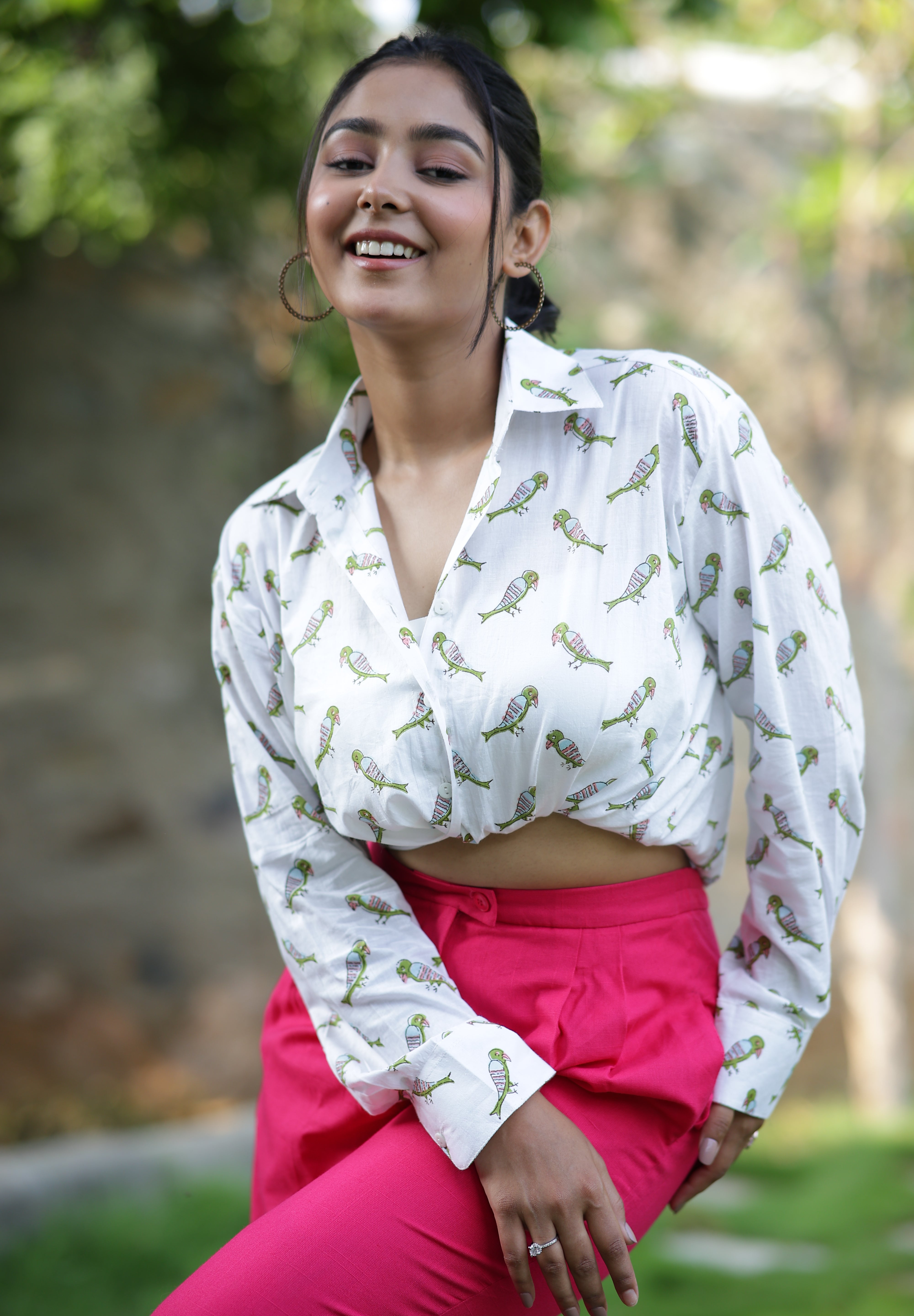 Green Parrot Print 100% Cotton Full Sleeves Women's Shirt