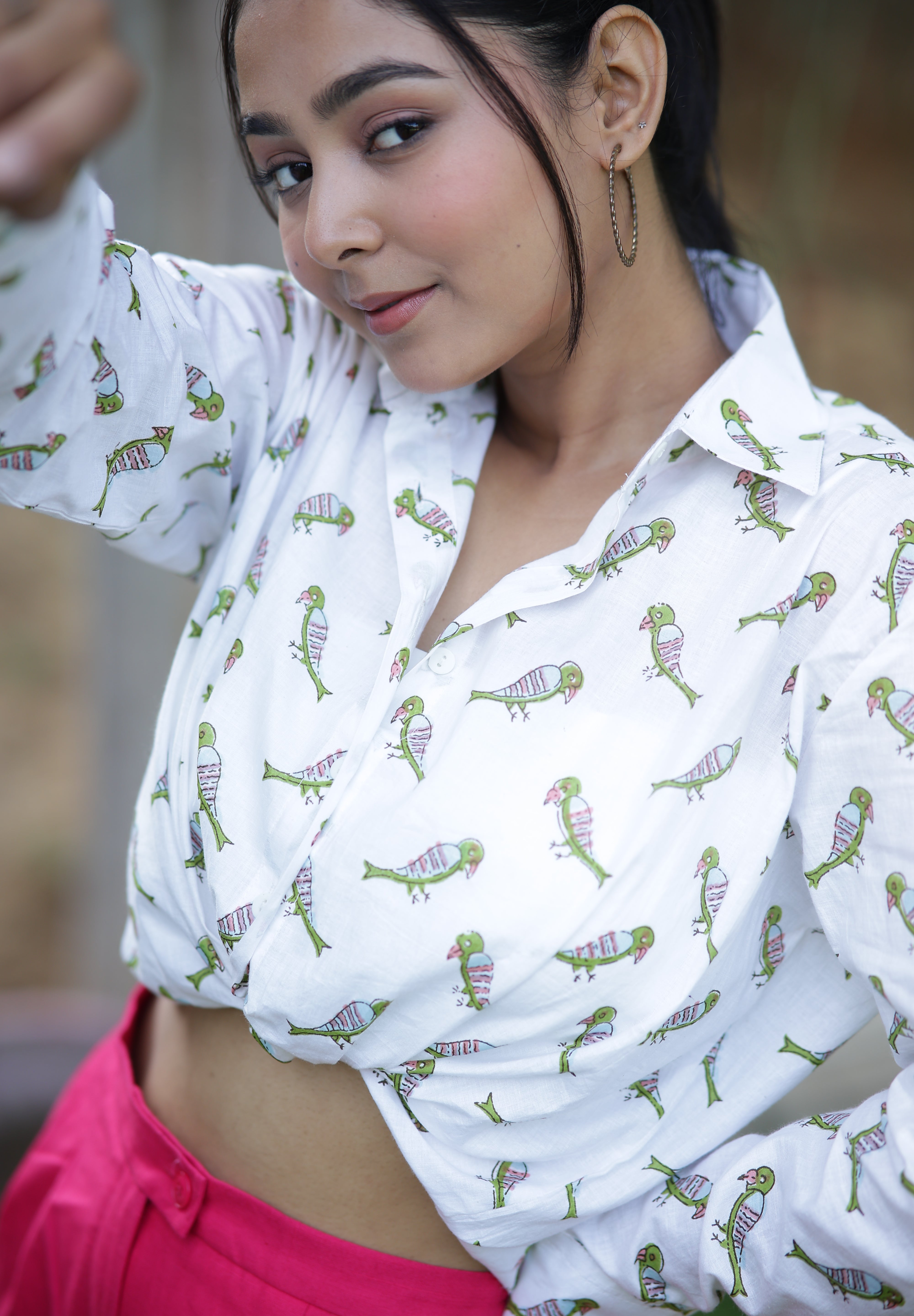 Green Parrot Print 100% Cotton Full Sleeves Women's Shirt