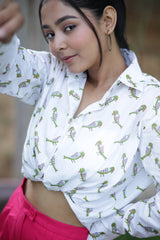 Green Parrot Print 100% Cotton Full Sleeves Women's Shirt