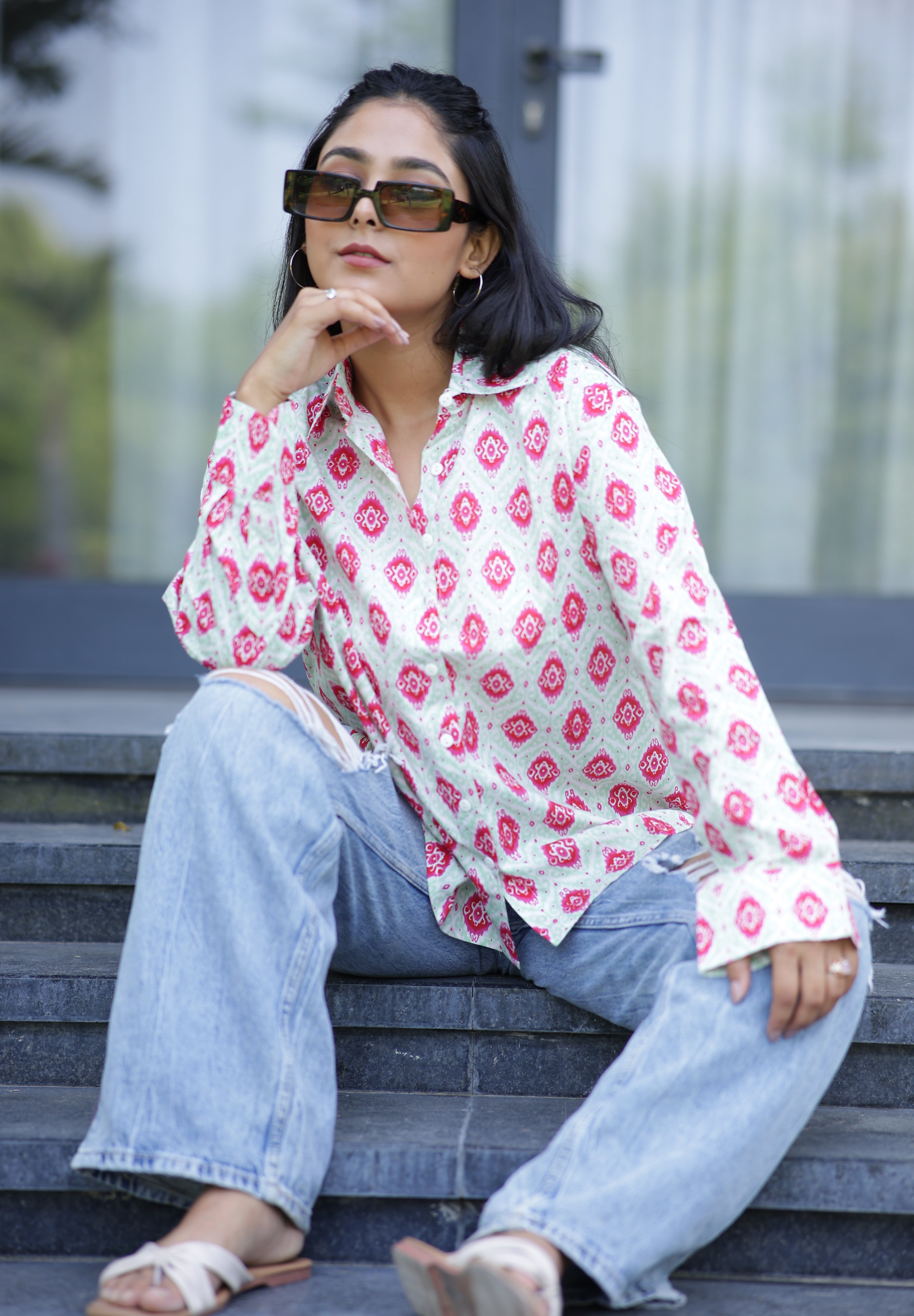 Ikat on White 100% Cotton Full Sleeves Women's Shirt