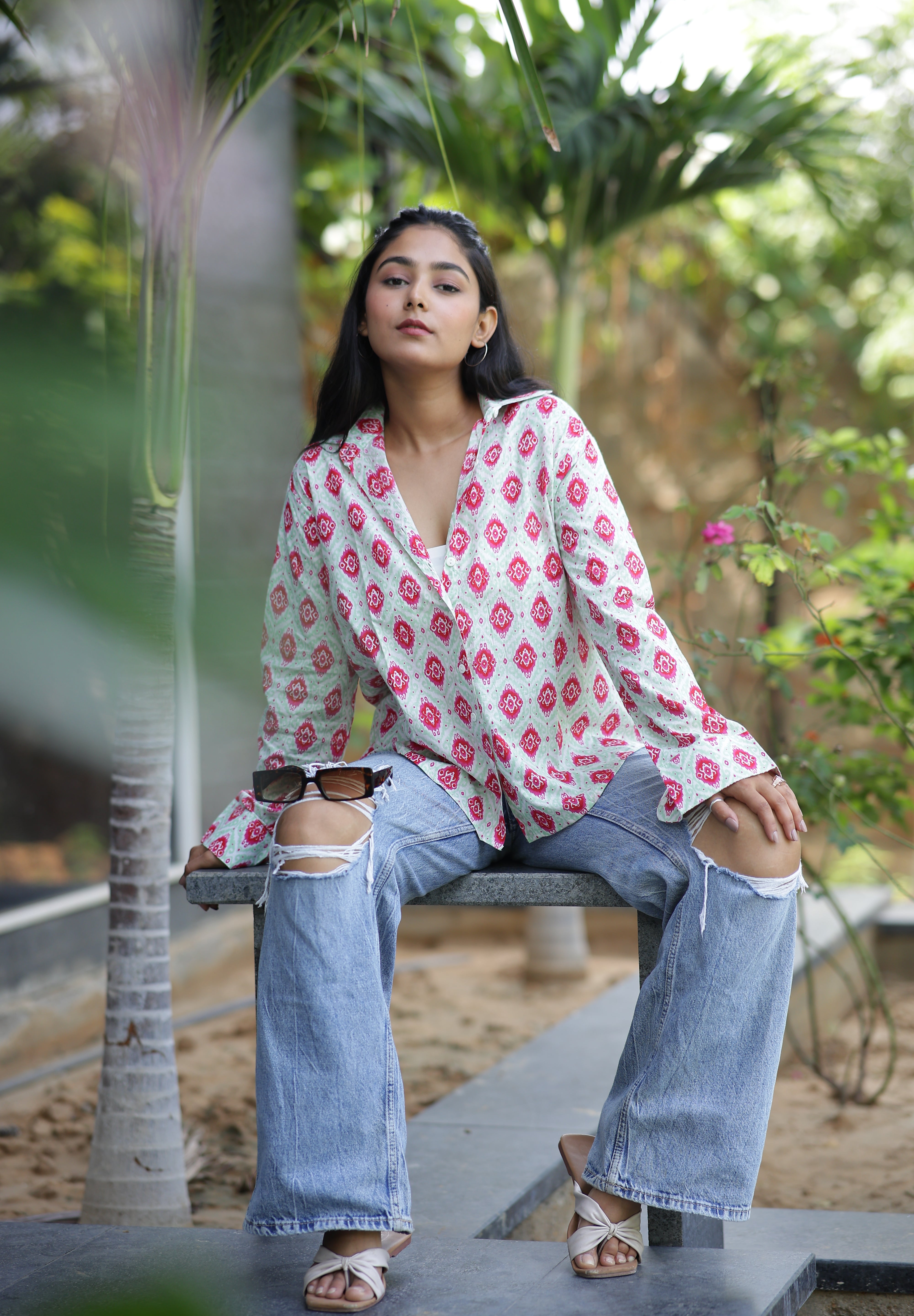Ikat on White 100% Cotton Full Sleeves Women's Shirt