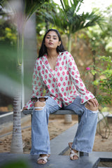 Ikat on White 100% Cotton Full Sleeves Women's Shirt