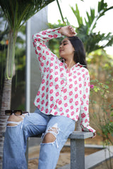 Ikat on White 100% Cotton Full Sleeves Women's Shirt