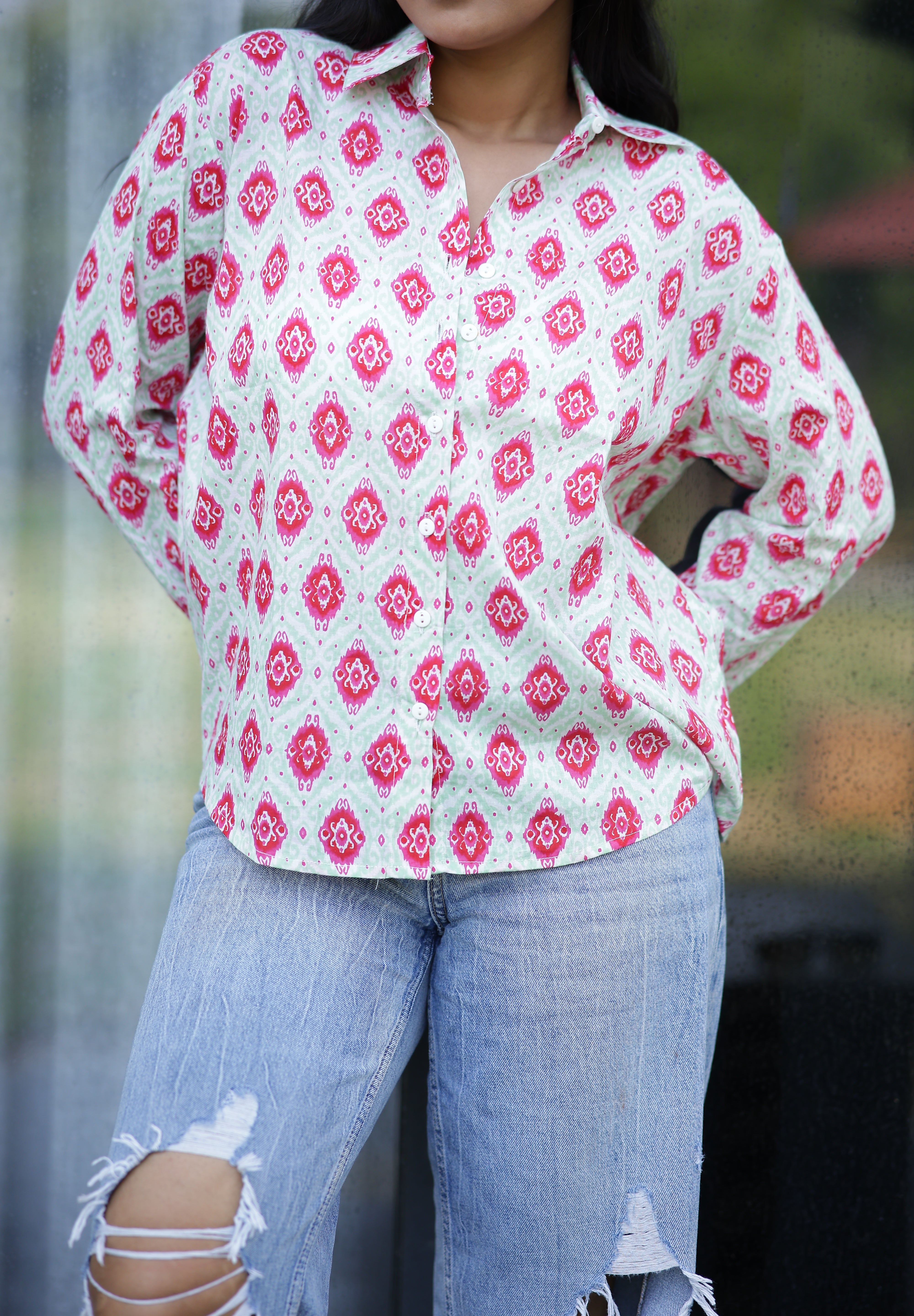Ikat on White 100% Cotton Full Sleeves Women's Shirt