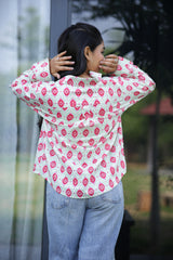 Ikat on White 100% Cotton Full Sleeves Women's Shirt