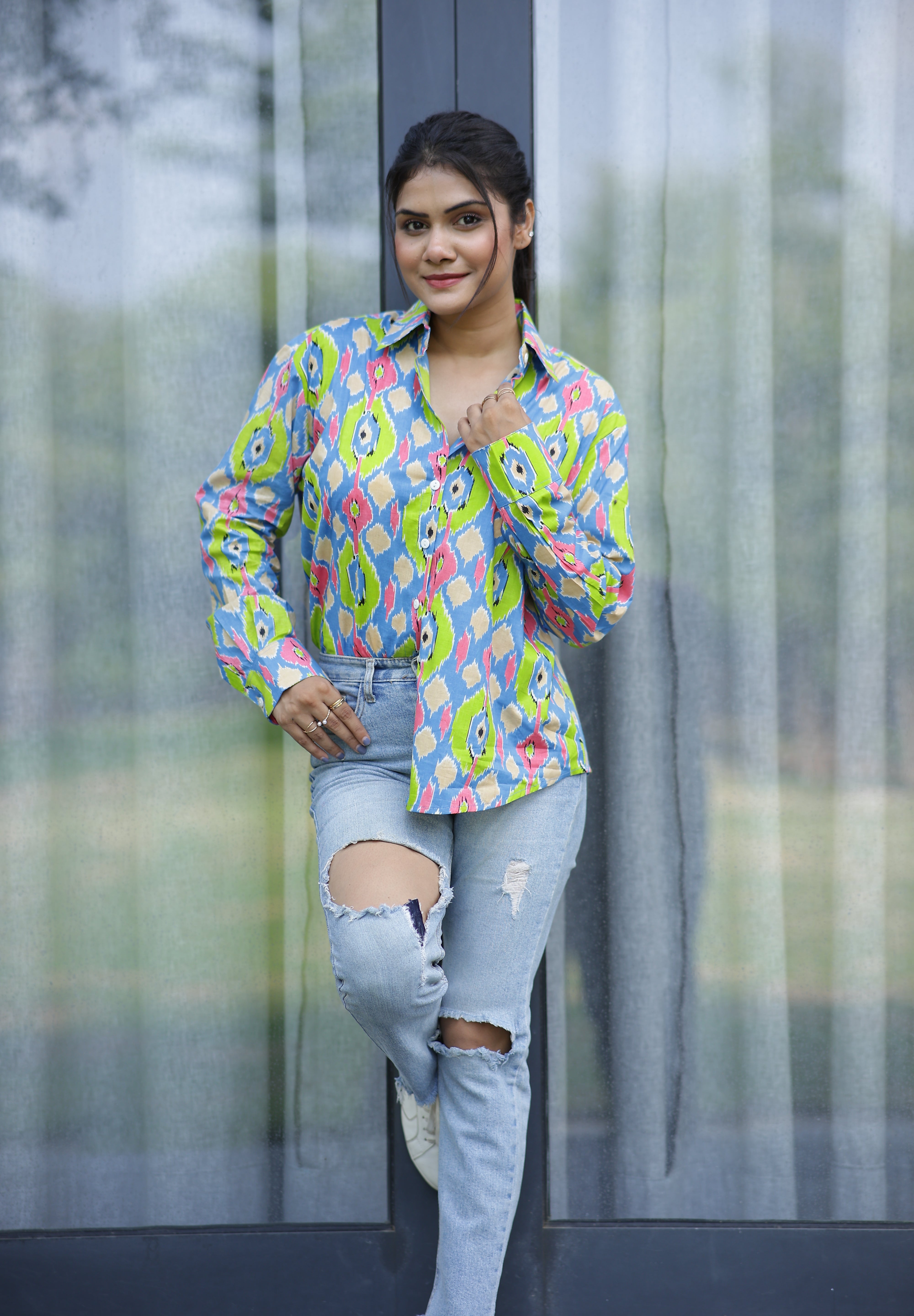 Vibrant Ikat 100% Cotton Full Sleeves Women's Shirt