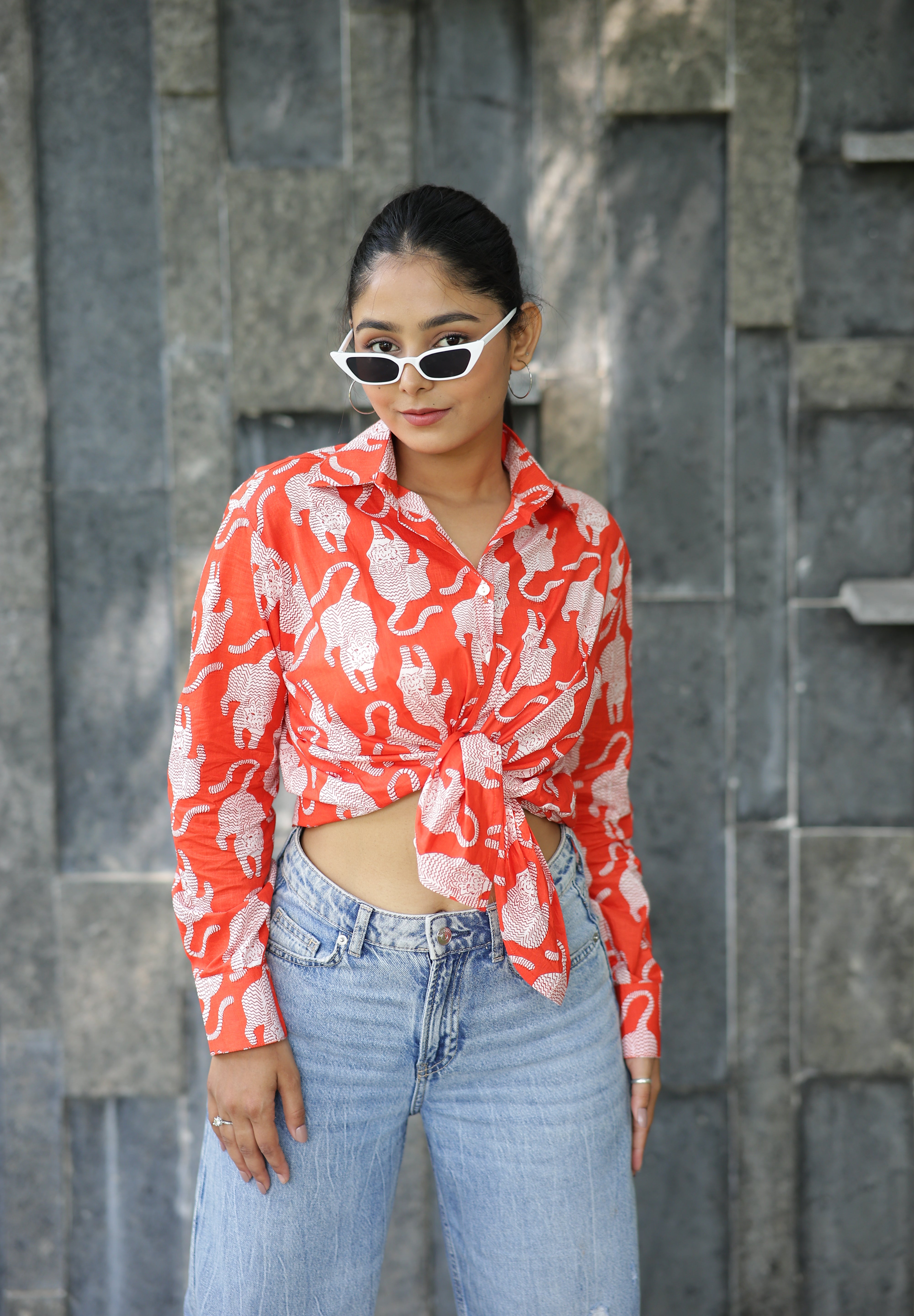 Leopard on Orange Print 100% Cotton Full Sleeves Women's Shirt