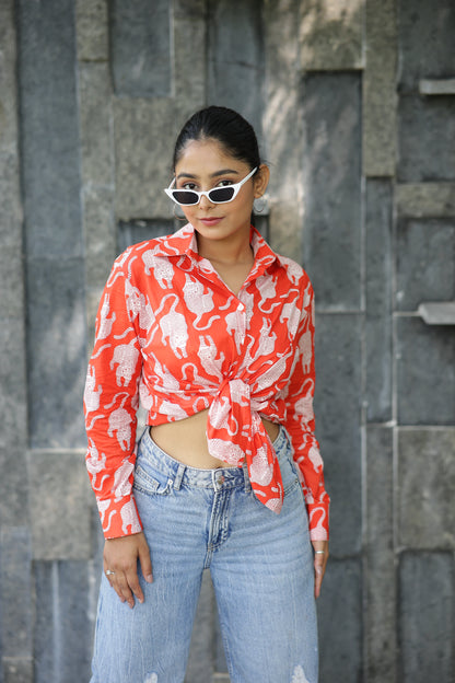 Leopard on Orange Print 100% Cotton Full Sleeves Women's Shirt