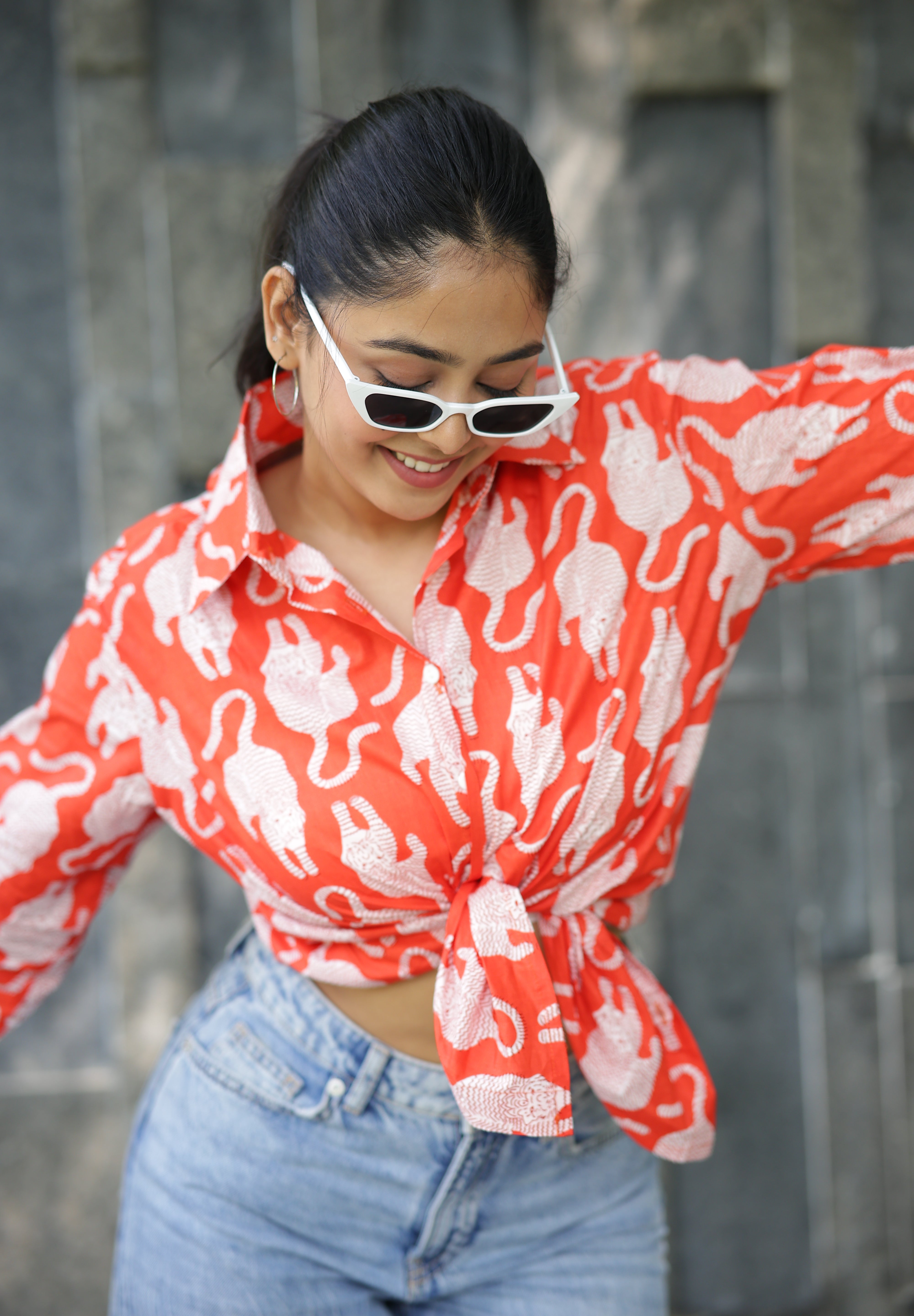 Leopard on Orange Print 100% Cotton Full Sleeves Women's Shirt