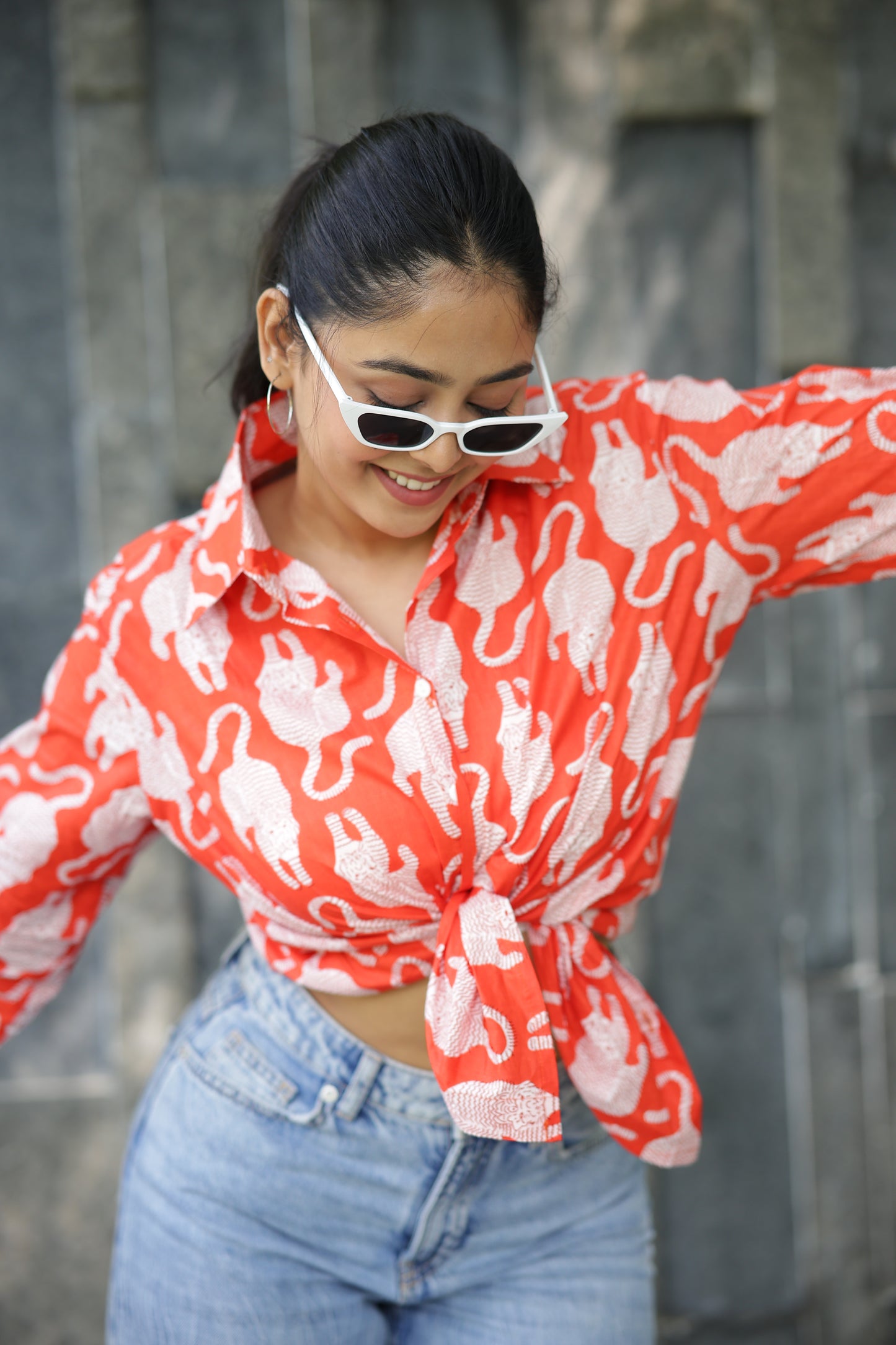 Leopard on Orange Print 100% Cotton Full Sleeves Women's Shirt