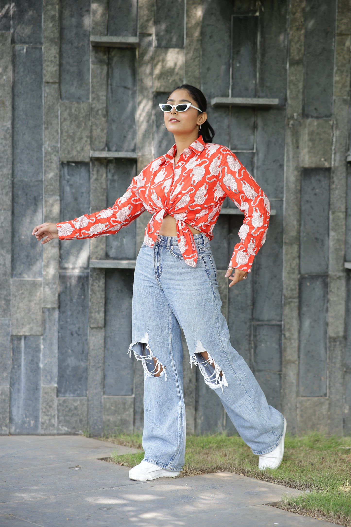 Leopard on Orange Print 100% Cotton Full Sleeves Women's Shirt