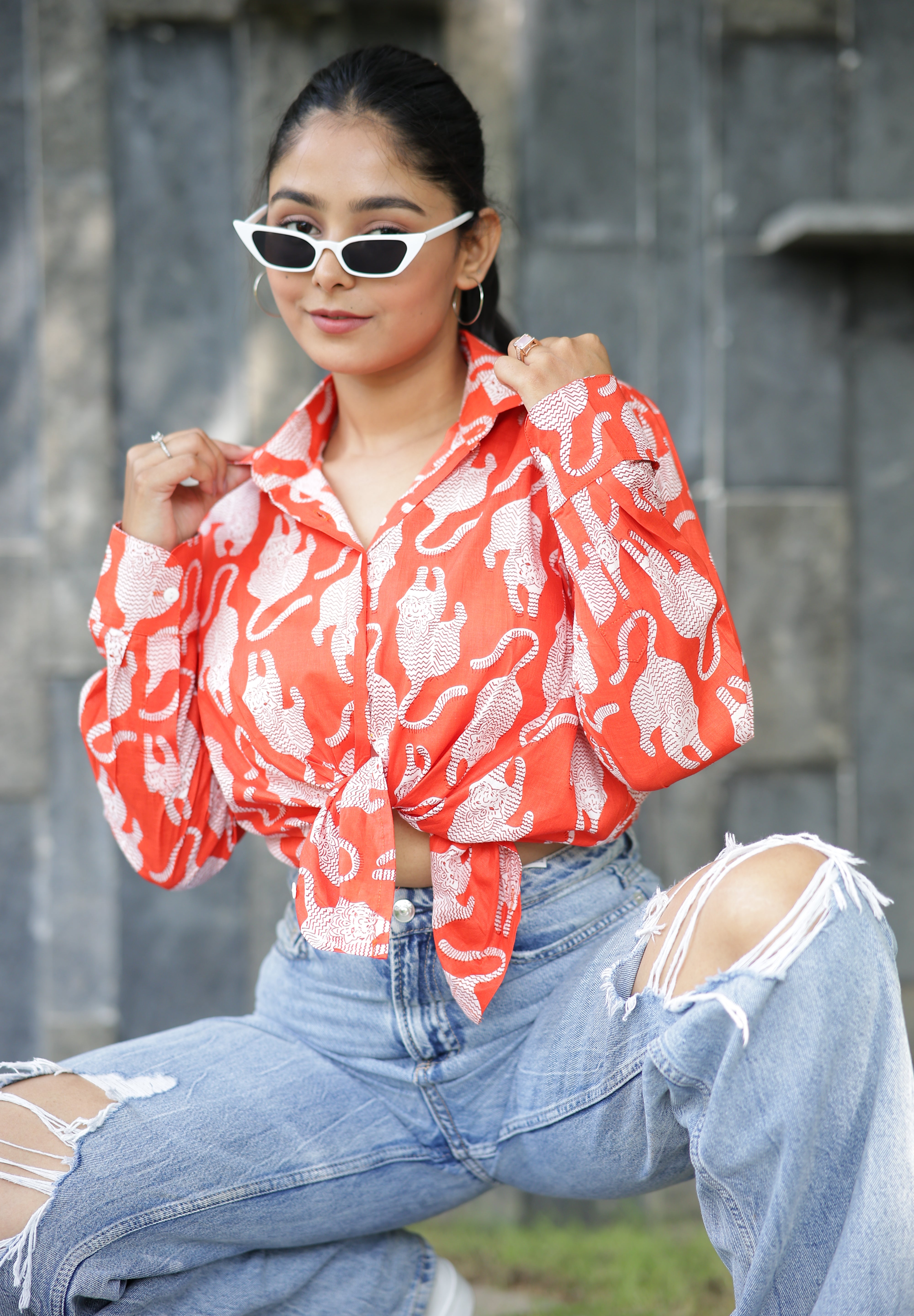 Leopard on Orange Print 100% Cotton Full Sleeves Women's Shirt