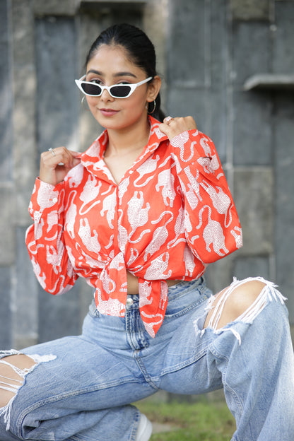 Leopard on Orange Print 100% Cotton Full Sleeves Women's Shirt